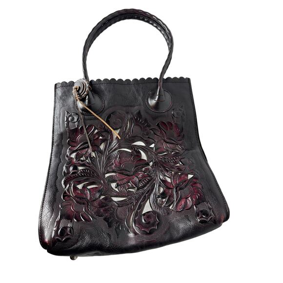 Patricia Nash Womens Tooled Floral Cut Out Metallic Inlay Brown Leather Tote Bag - Picture 1 of 6